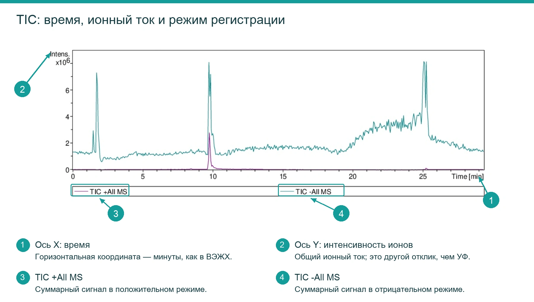 TIC: положительный и отрицательный режимы регистрации общего ионного тока