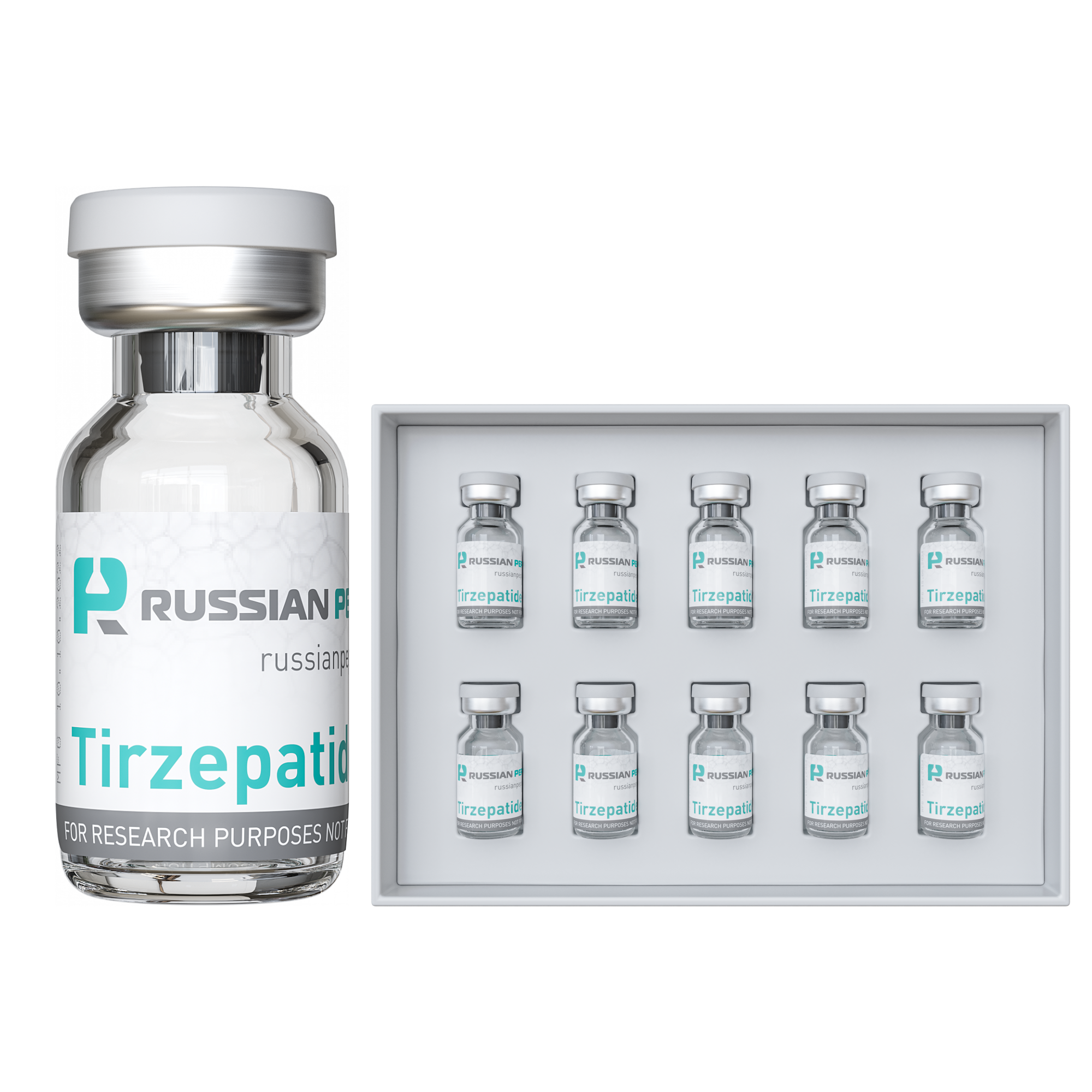 Tirzepatide (15 mg) X10 — крупный флакон и коробка из 10 флаконов